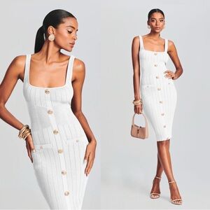 NWT Retrofete Laney White Metallic Knit MIDI Dress with Gold Buttons Large